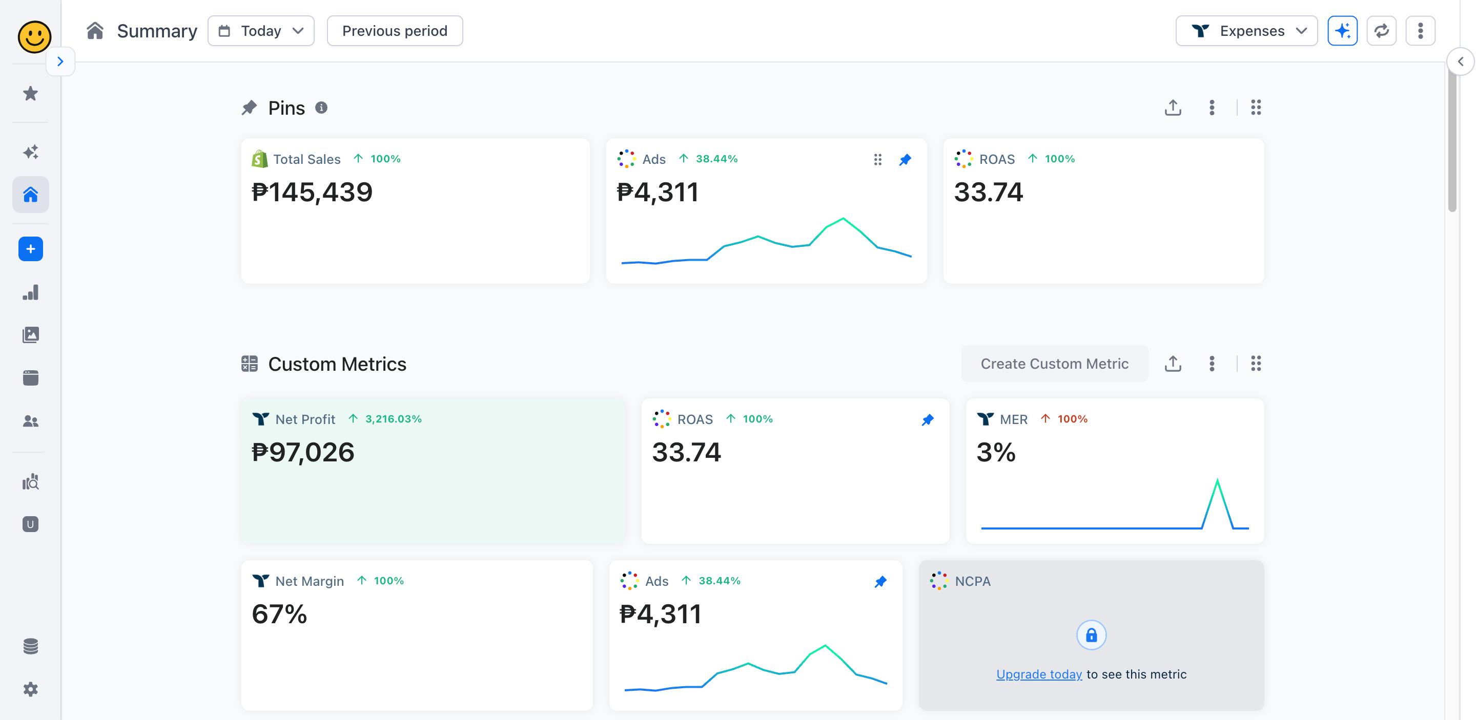 Anonymized ecommerce dashboard showing ₱145,439 total sales, ₱4,311 ad spend, 33.74 ROAS, ₱97,026 net profit, and 67% net margin