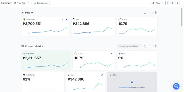 Anonymized This Year profit dashboard showing ₱3,700,551 total sales, ₱342,886 ad spend, 10.79 ROAS, ₱2,311,657 net profit, and 62% net margin