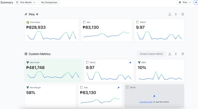 Anonymized profit dashboard showing ₱828,933 total sales, ₱83,130 ad spend, 9.97 ROAS, ₱481,748 net profit, and 58% net margin for one month