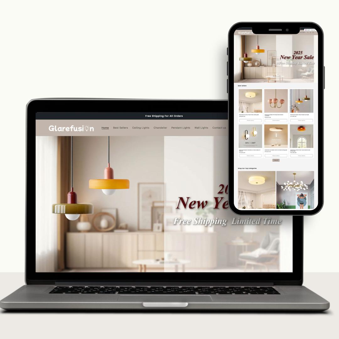 Glarefusion · Lighting & Home Decor storefront, shown on desktop and mobile