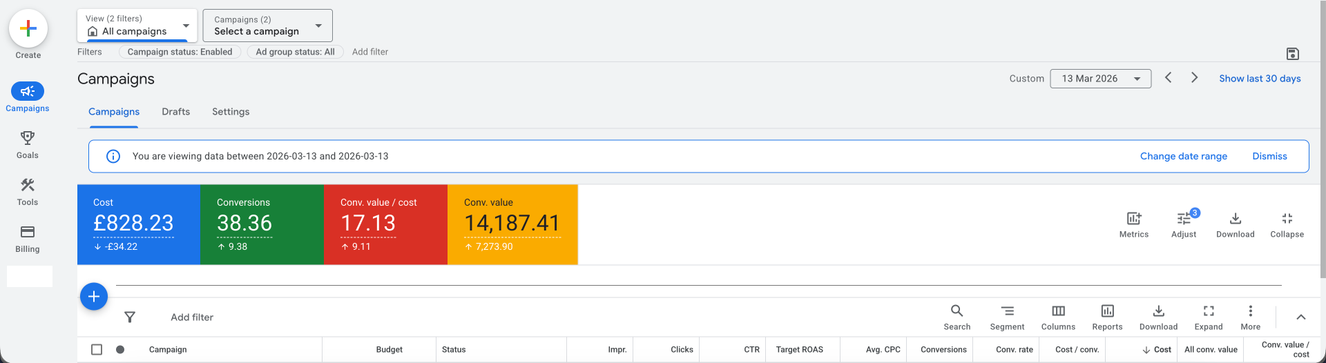 Anonymized Google Ads campaign results